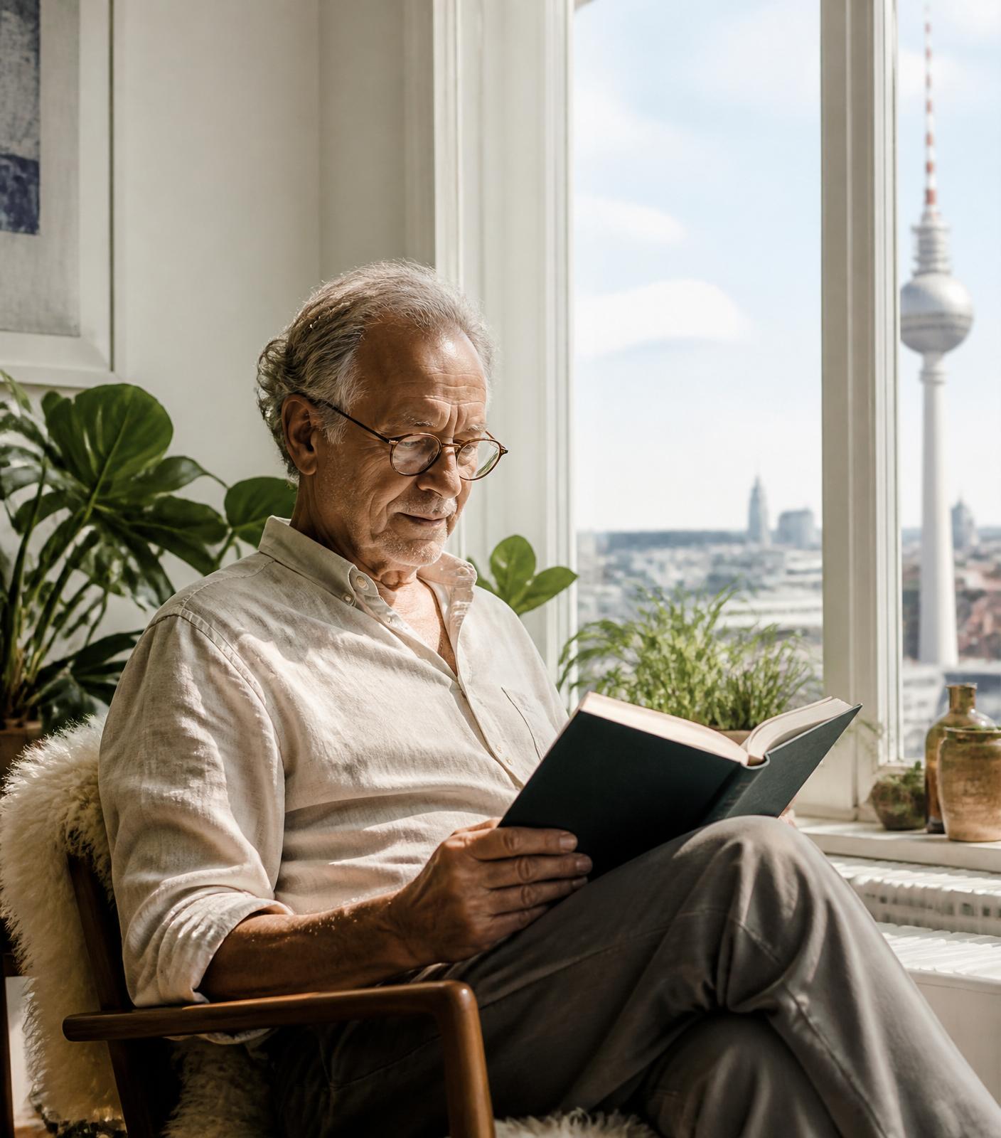 Älterer Mann liest in seiner Berliner Wohnung am Fenster – selbstbestimmtes Leben zuhause